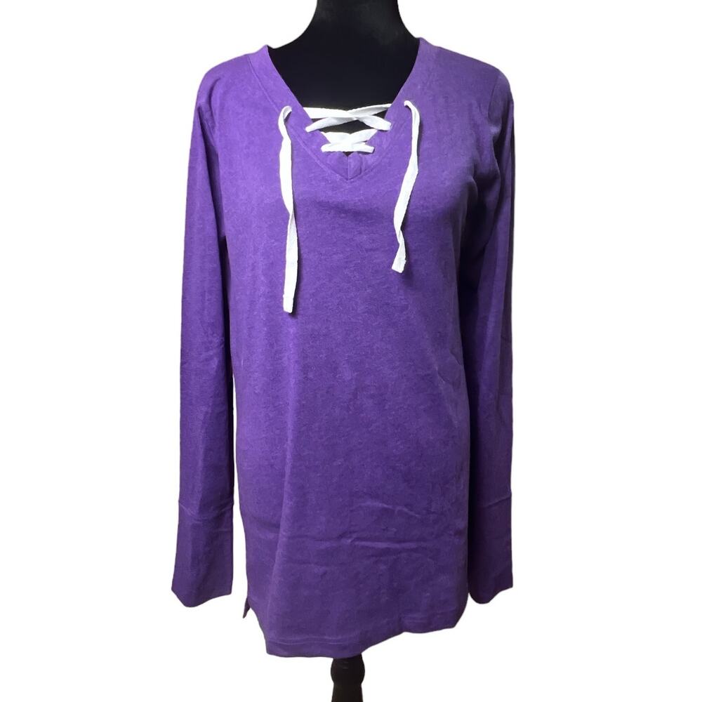 LAT Ladies Long Sleeve Lace-Up Tee Shirt Top Size Medium Vintage Purple Eggplant
